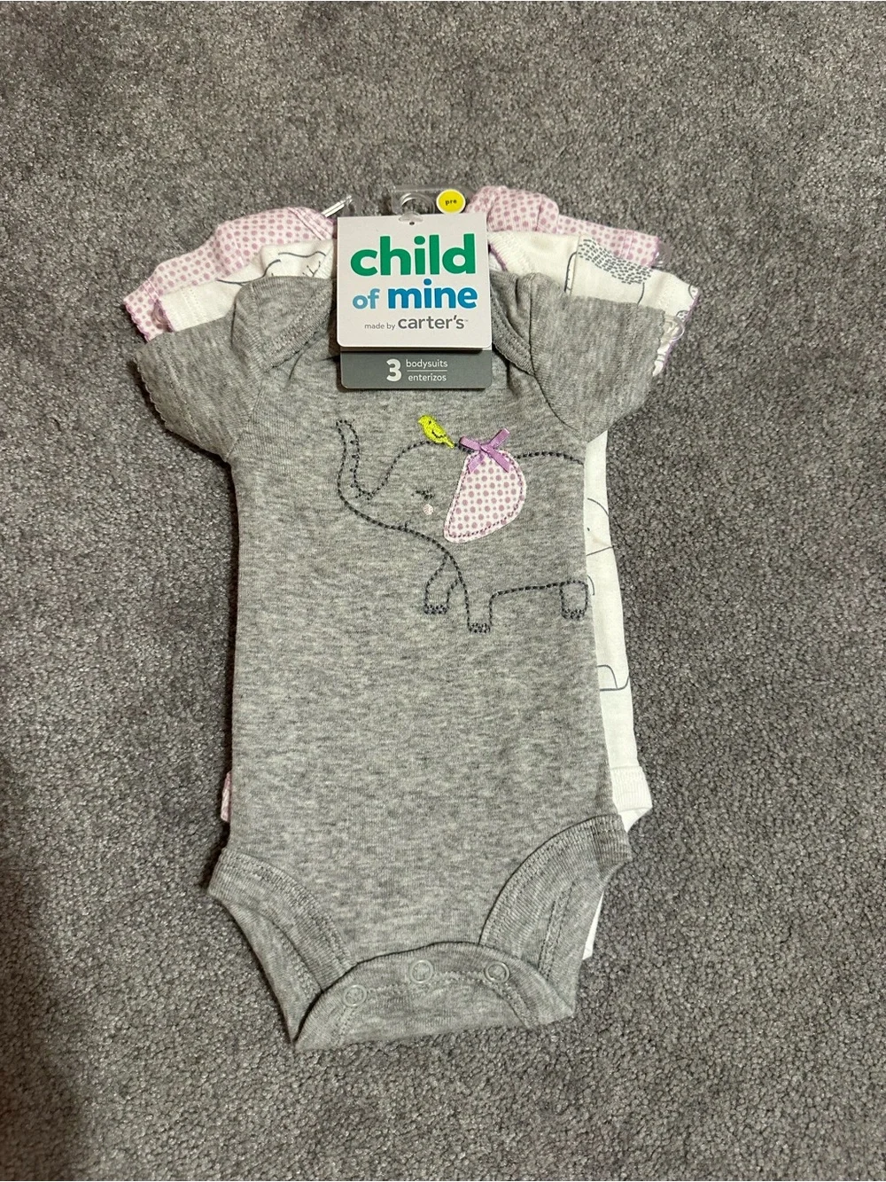 NWT- Carter's Grey & Purple Elephant Short-Sleeve Bodysuit - 3 Pack